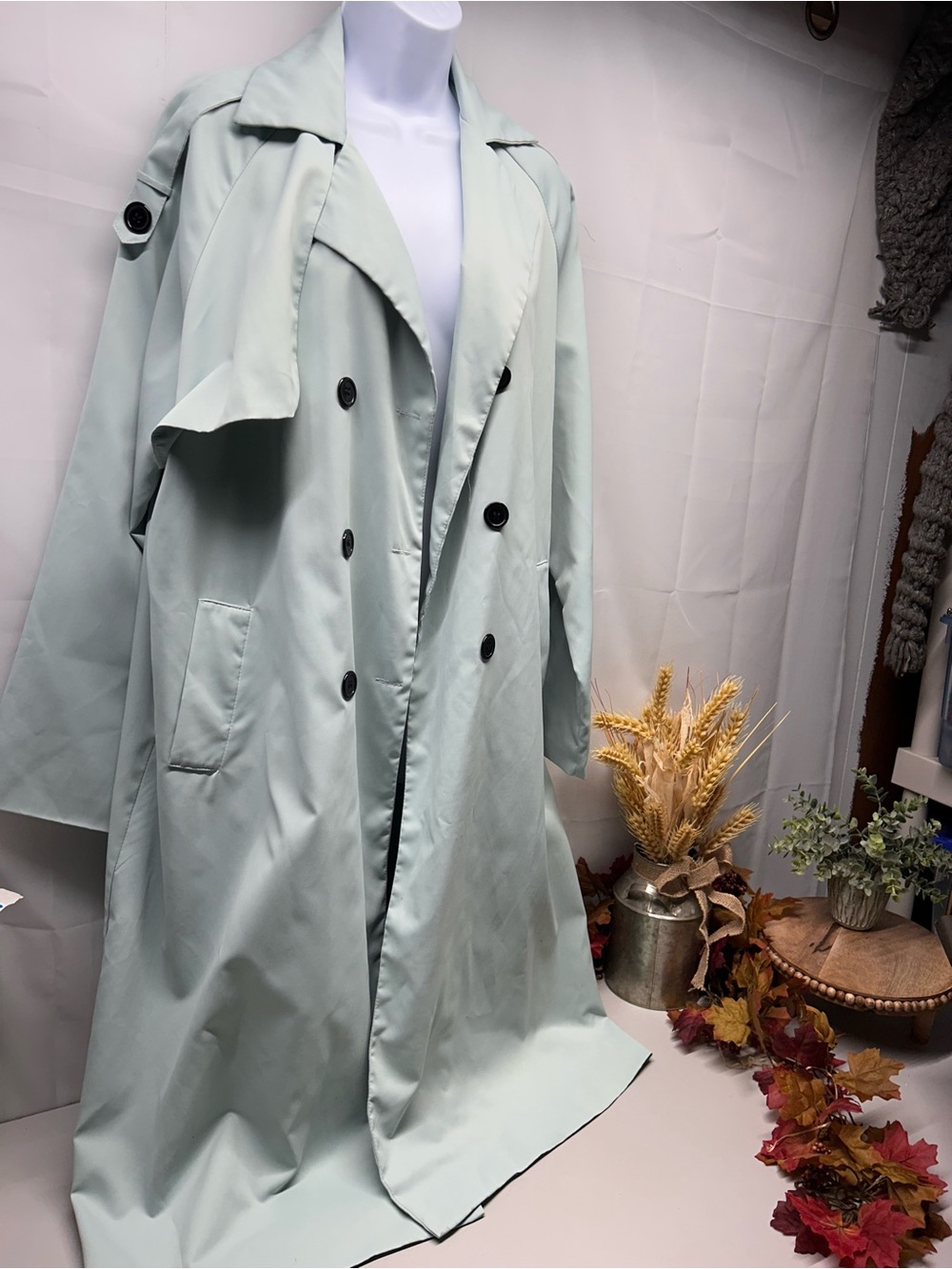 Light Seafoam Double-Breasted Trench Coat